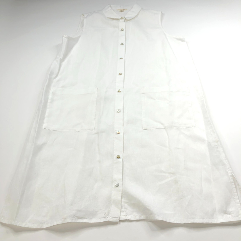Eileen Fisher Medium 100% Linen Button Front Knee Length Shirt Dress White MINT